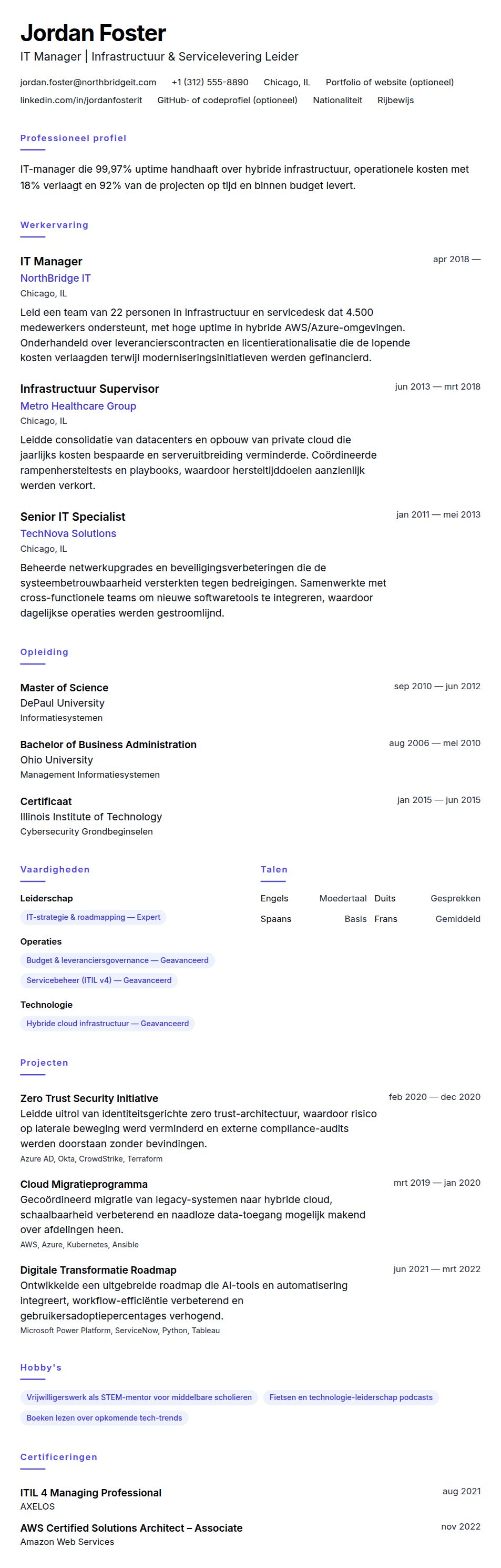 Cv-voorvertoning voor IT Manager CV Voorbeeld