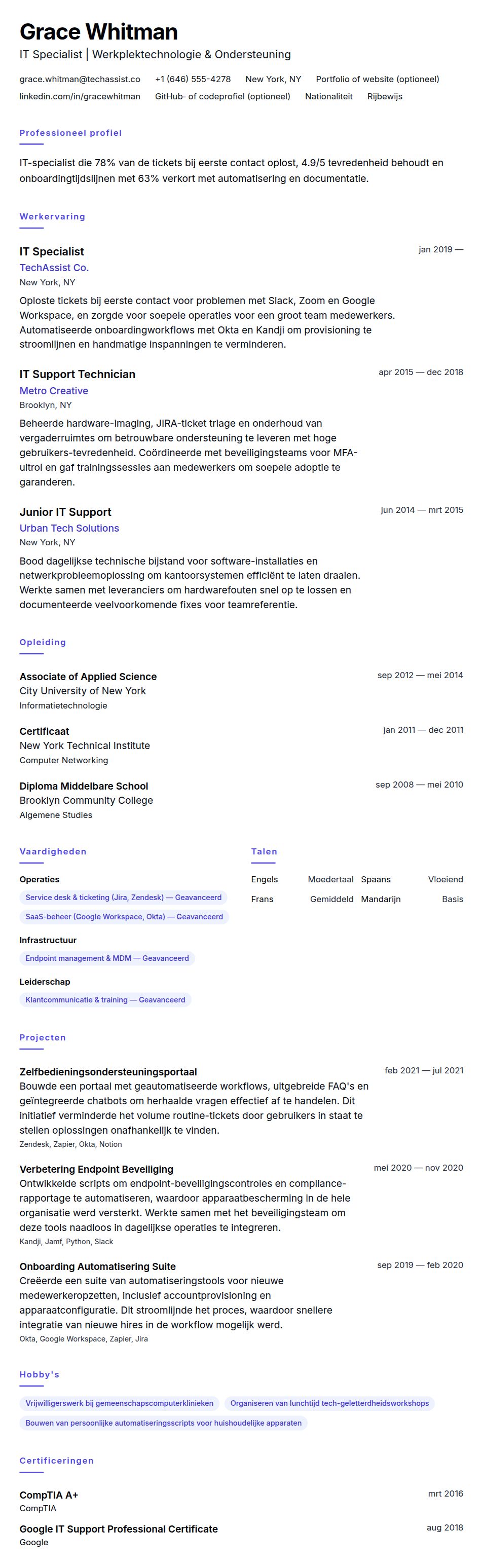Cv-voorvertoning voor Voorbeeld CV IT Specialist