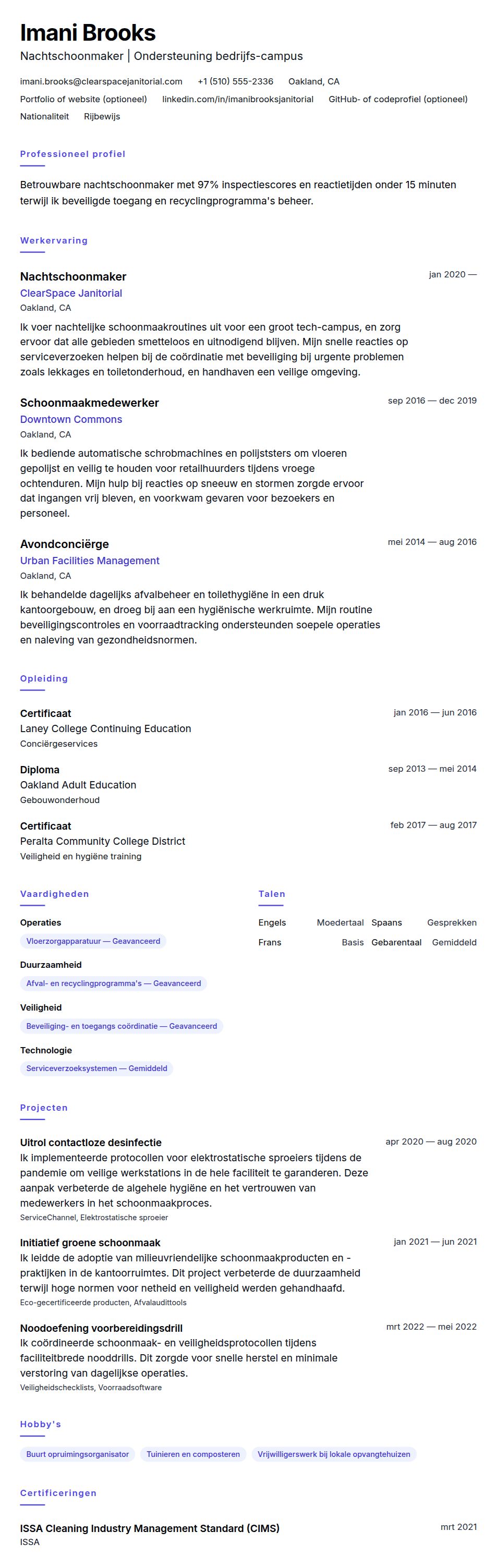 Cv-voorvertoning voor Voorbeeld cv schoonmaker