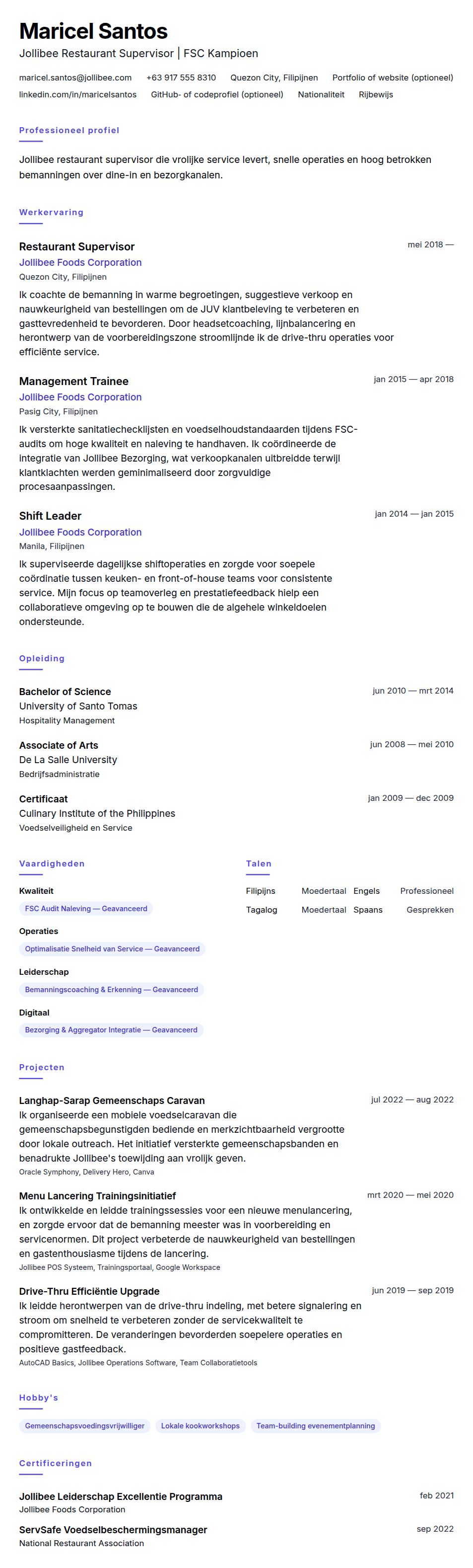 Cv-voorvertoning voor Voorbeeld cv Jollibee Restaurant Supervisor