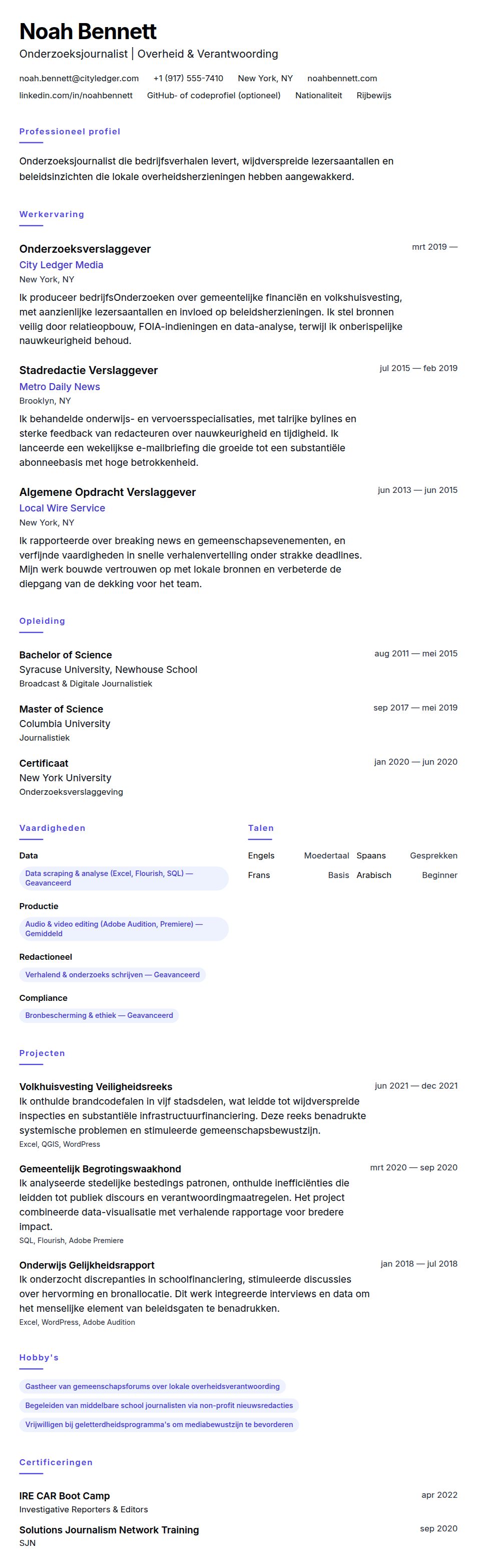 Cv-voorvertoning voor Voorbeeld van een Journalistencurriculum Vitae