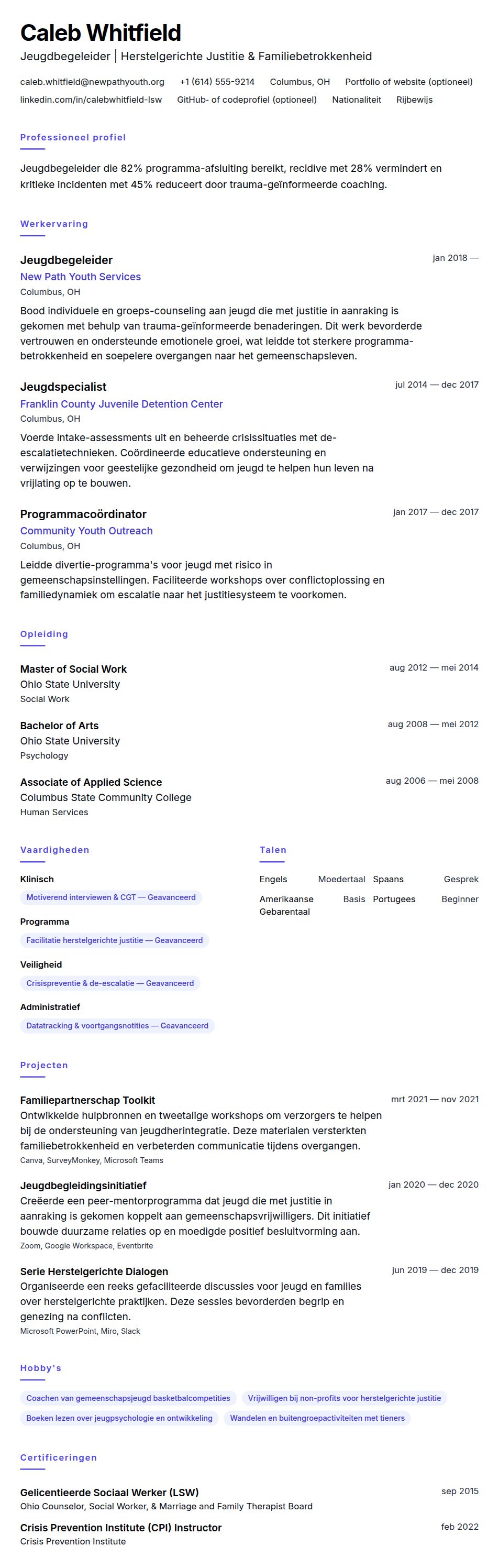 Cv-voorvertoning voor Voorbeeld cv Jeugdbegeleider