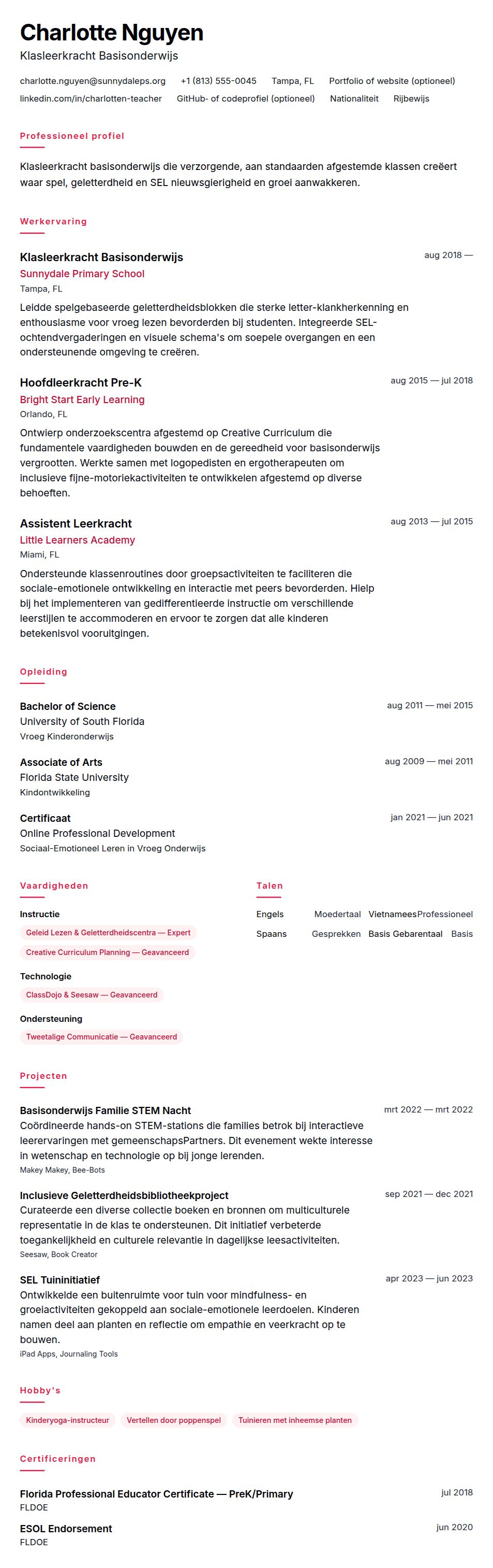 Cv-voorvertoning voor Voorbeeld CV Klasleerkracht Basisonderwijs