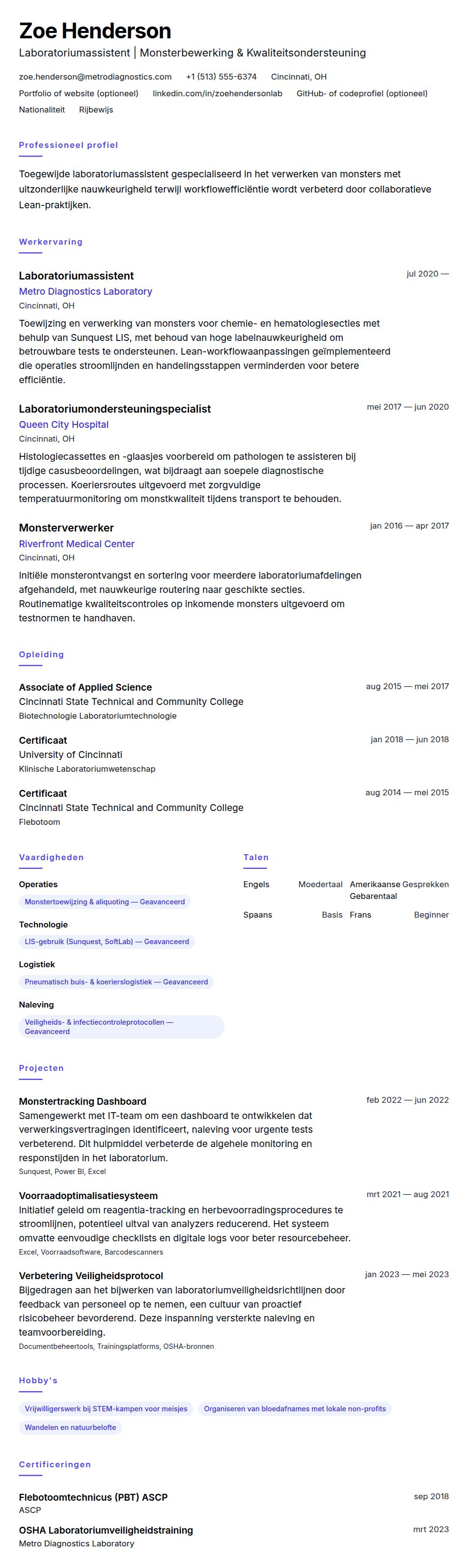 Voorbeeld cv Laboratoriumassistent