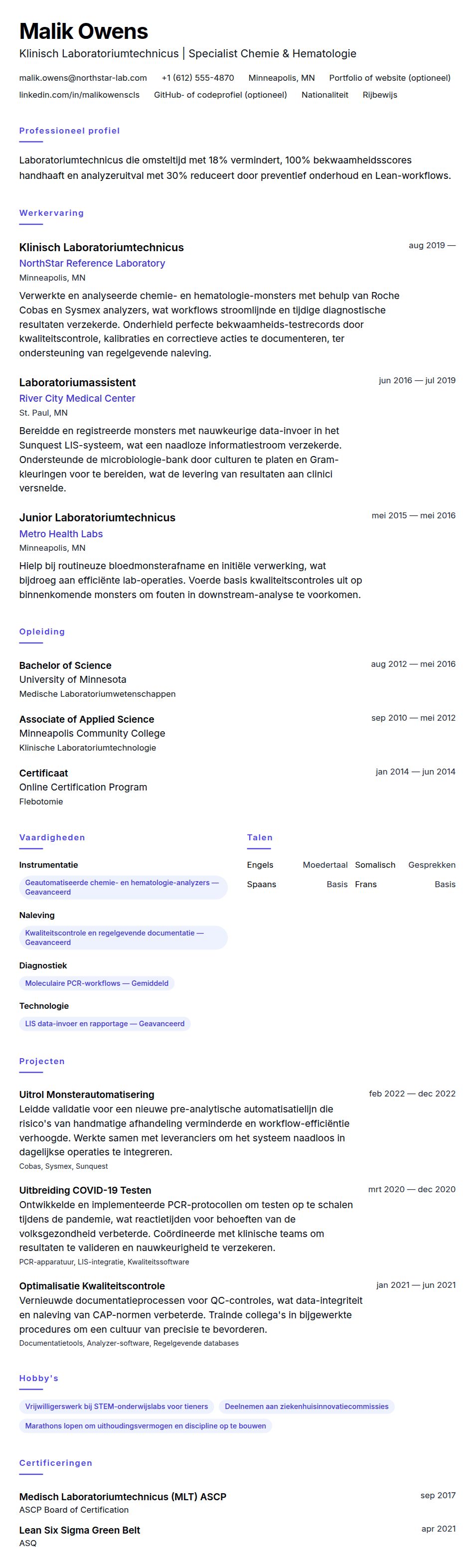 Cv-voorvertoning voor Voorbeeld CV Laboratoriumtechnicus