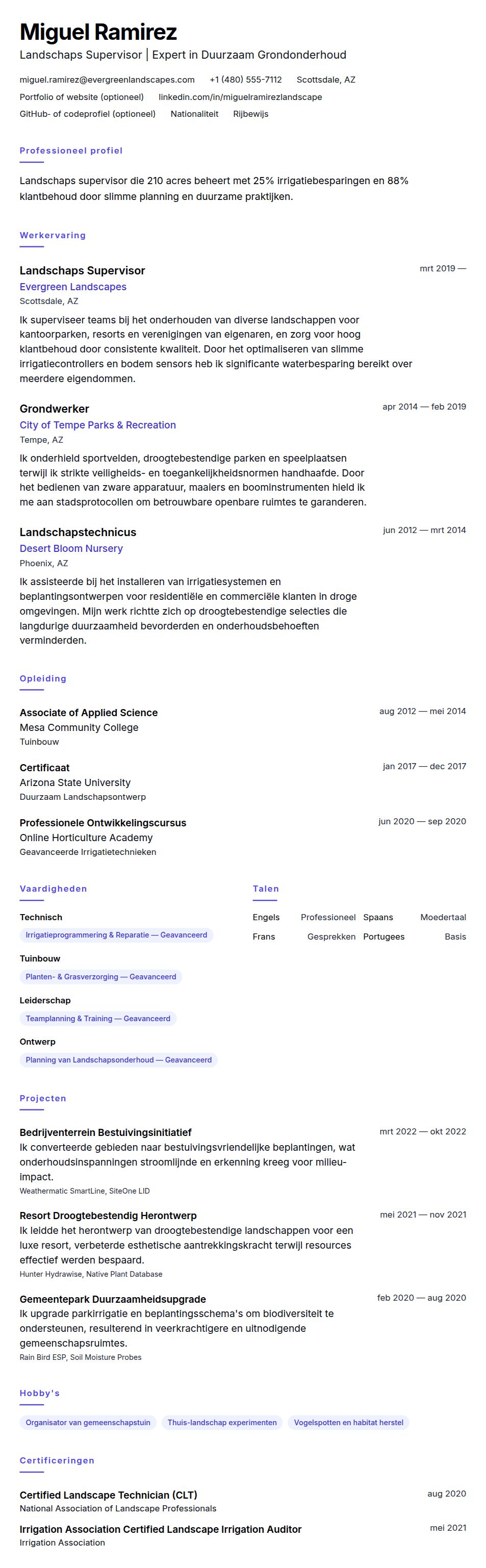 Cv-voorvertoning voor Voorbeeld CV Tuin- en Landschapsverzorging