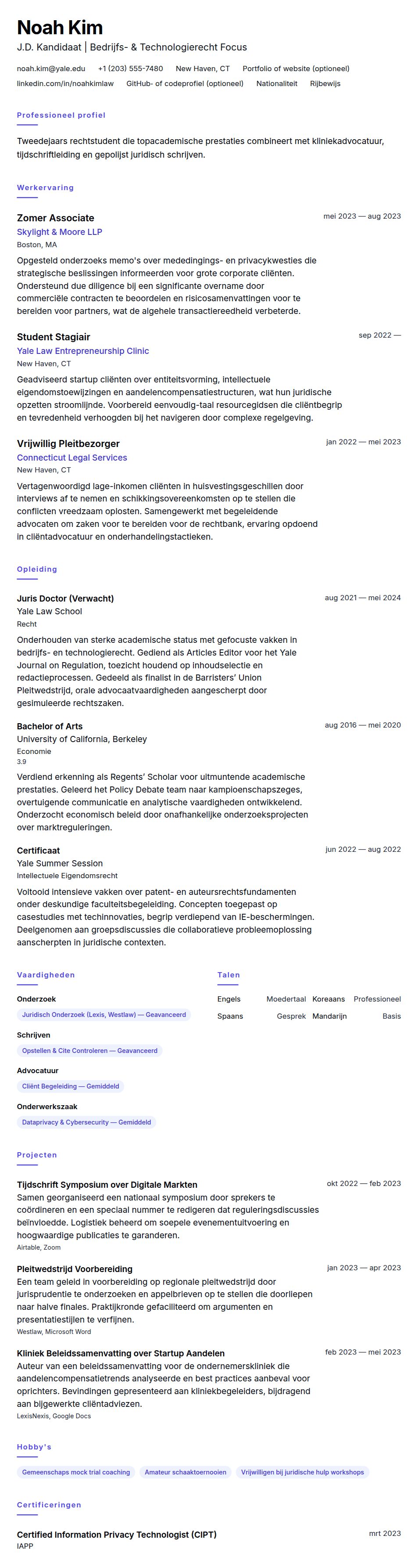 Rechtsschool Student CV Voorbeeld