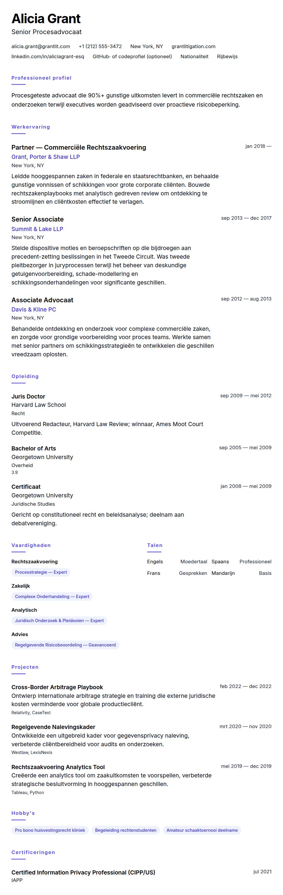Cv-voorvertoning voor Voorbeeld van Advocaat CV