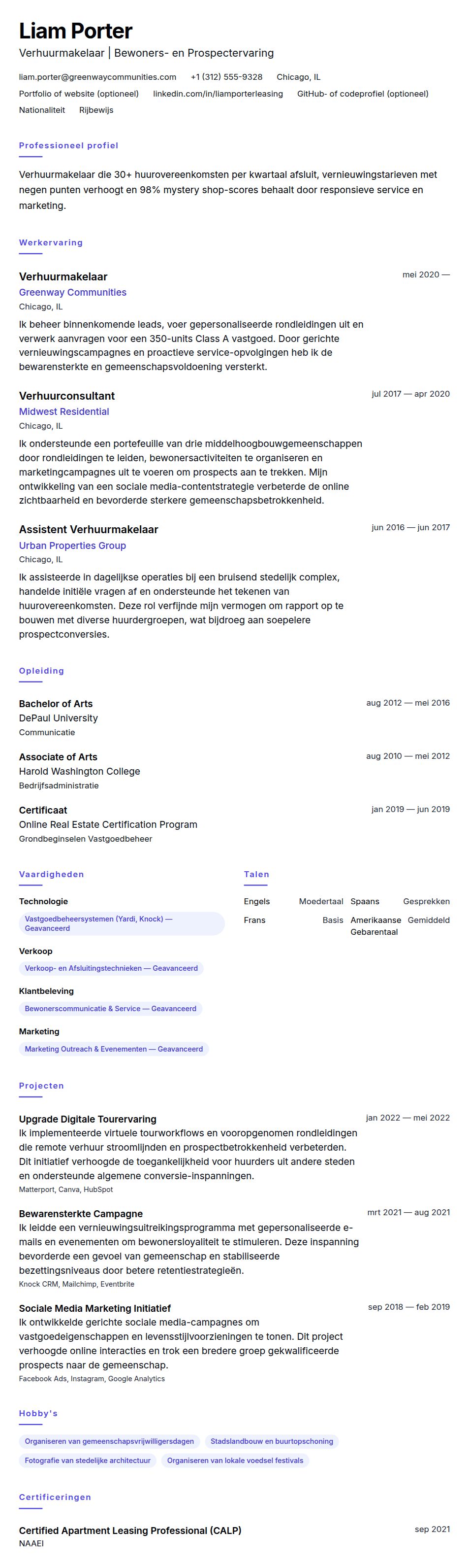 Cv-voorvertoning voor Voorbeeld CV Verhuurmakelaar