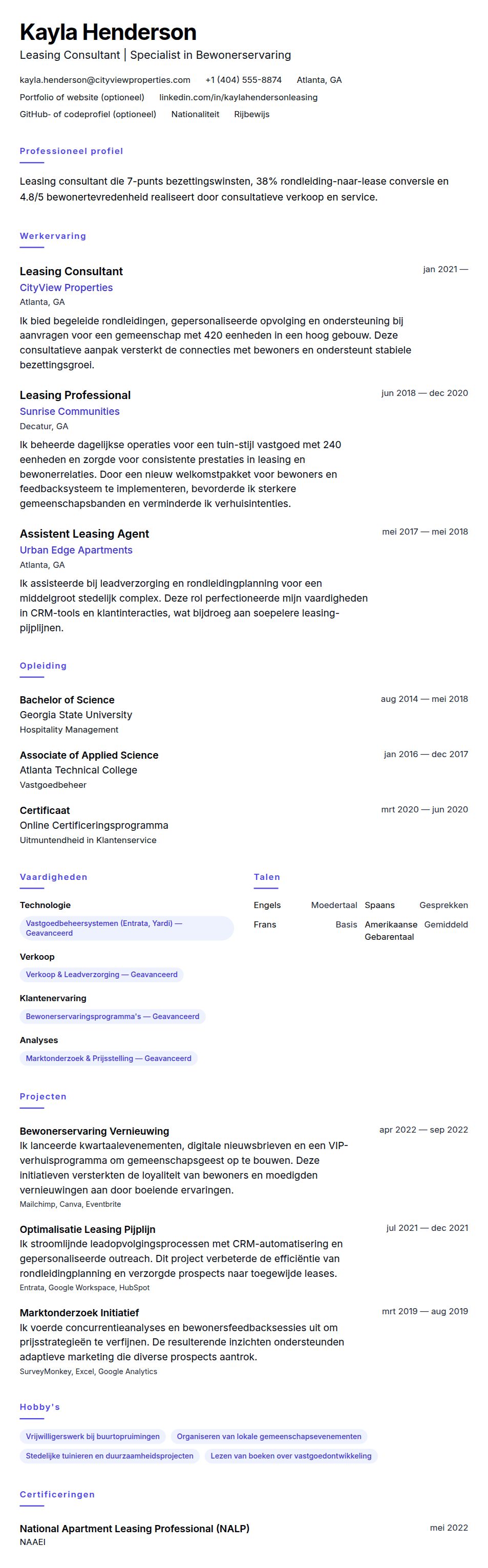 Voorbeeld cv Leasing Consultant