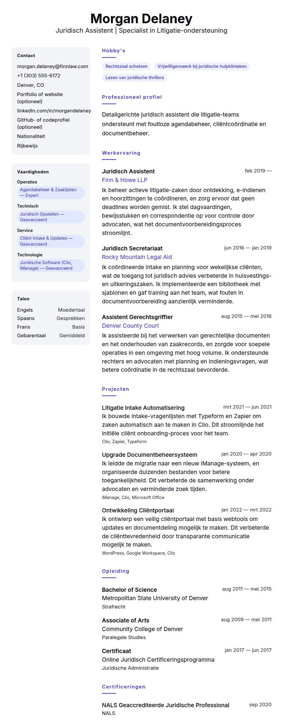 Cv-voorvertoning voor Voorbeeld CV Juridisch Assistent