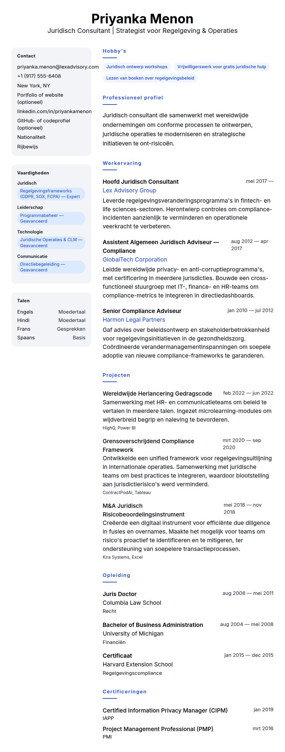 Voorbeeld CV Juridisch Consultant