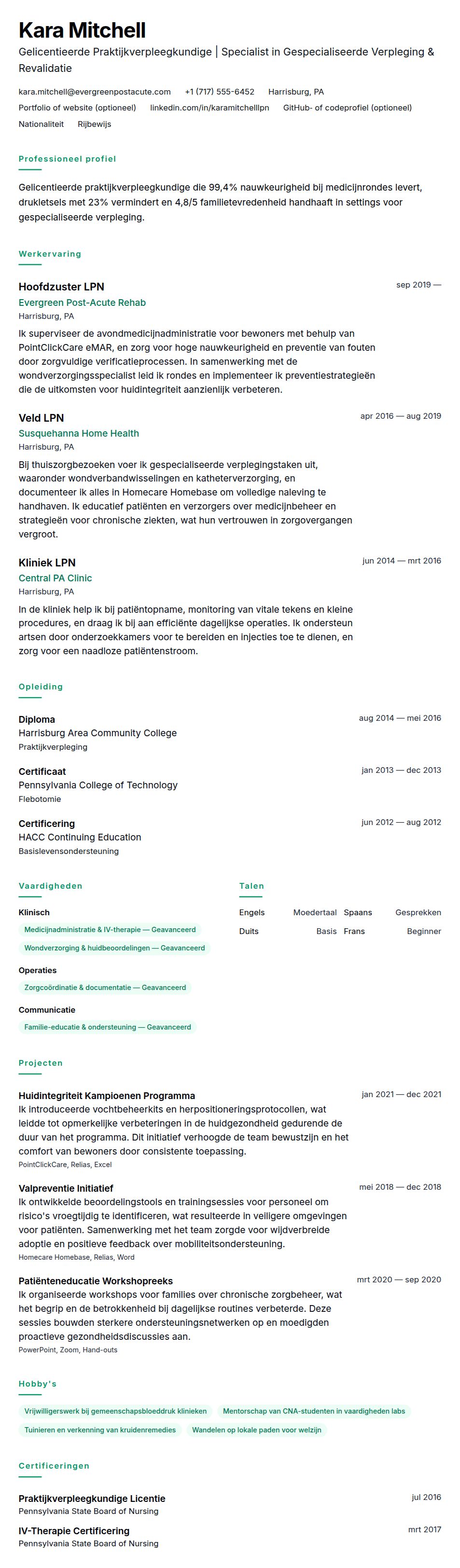 Cv-voorvertoning voor Gelicentieerde Praktijkverpleegkundige (LPN) CV Voorbeeld
