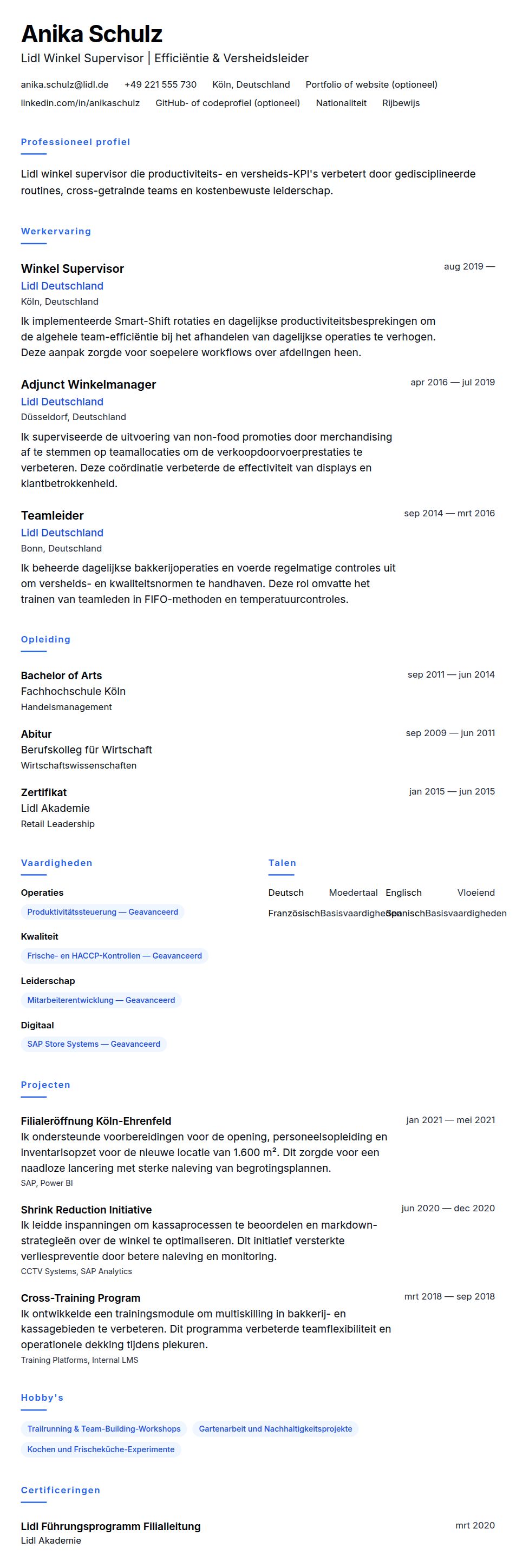 Cv-voorvertoning voor Lidl Winkel Supervisor CV Voorbeeld