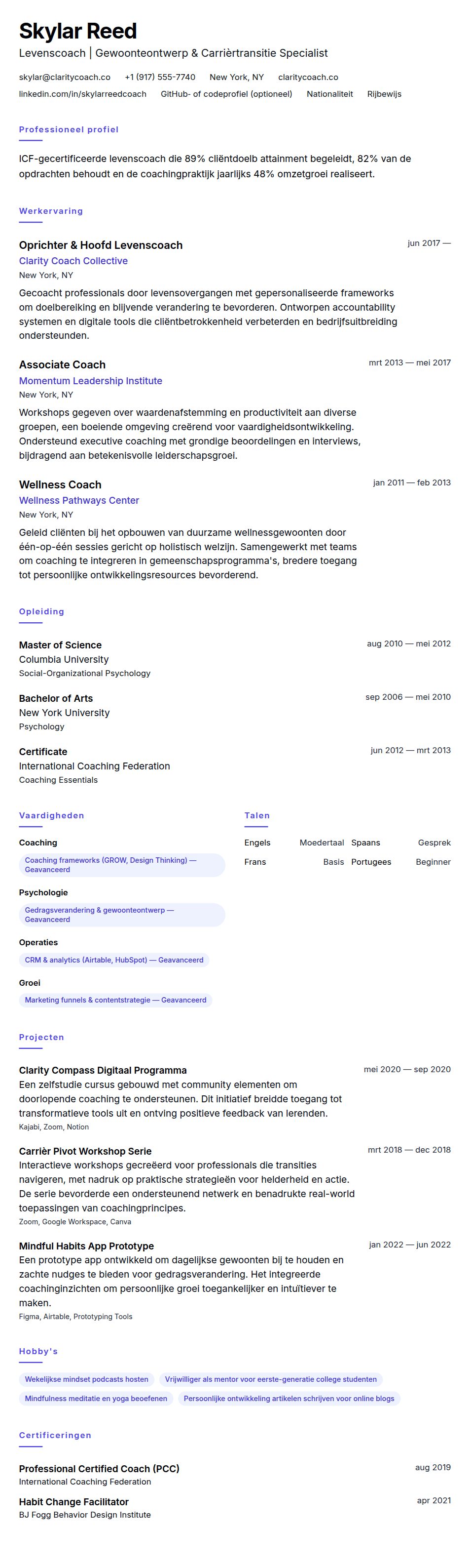 Cv-voorvertoning voor Voorbeeld Levenscoach CV