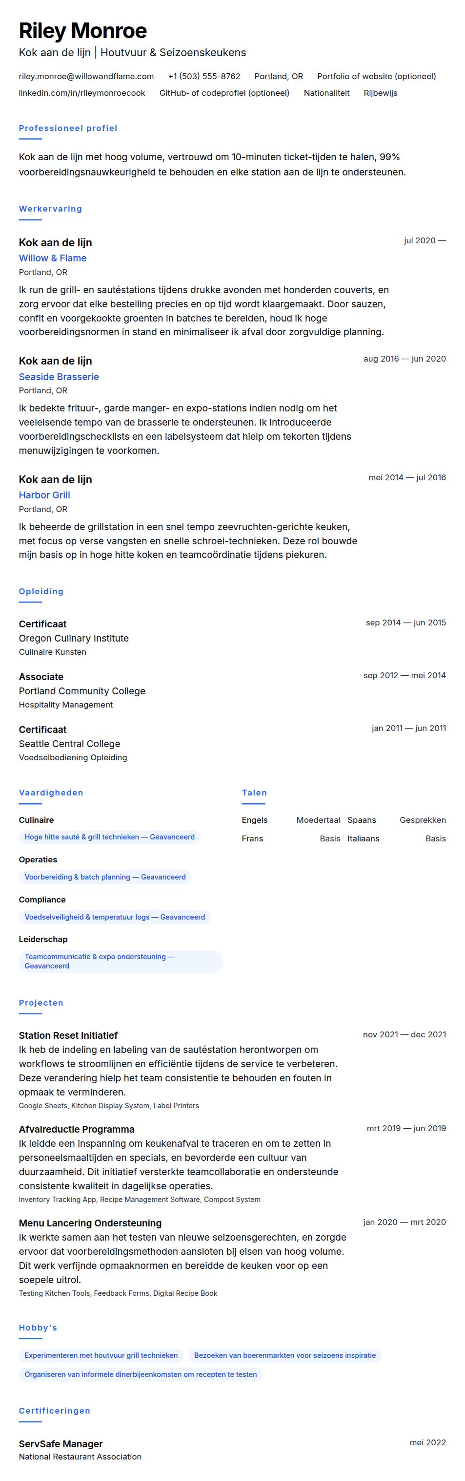 Voorbeeld cv Kok aan de lijn