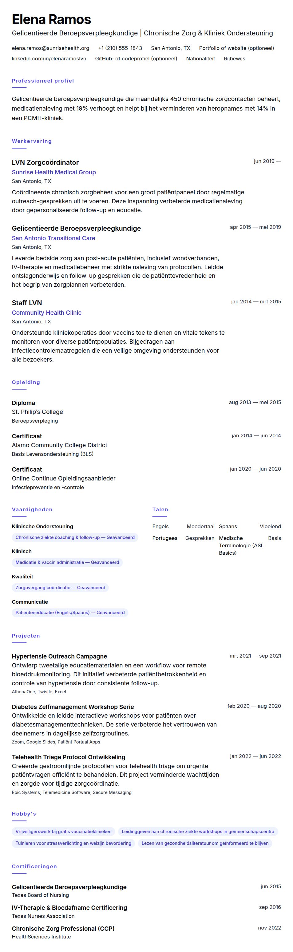 Cv-voorvertoning voor Voorbeeld CV Gelicentieerde Beroepsverpleegkundige (LVN)