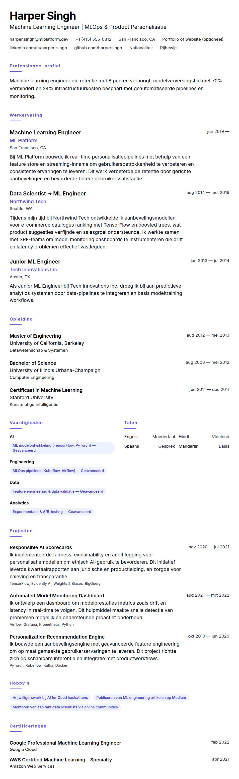 Cv-voorvertoning voor Voorbeeld CV Machine Learning Engineer