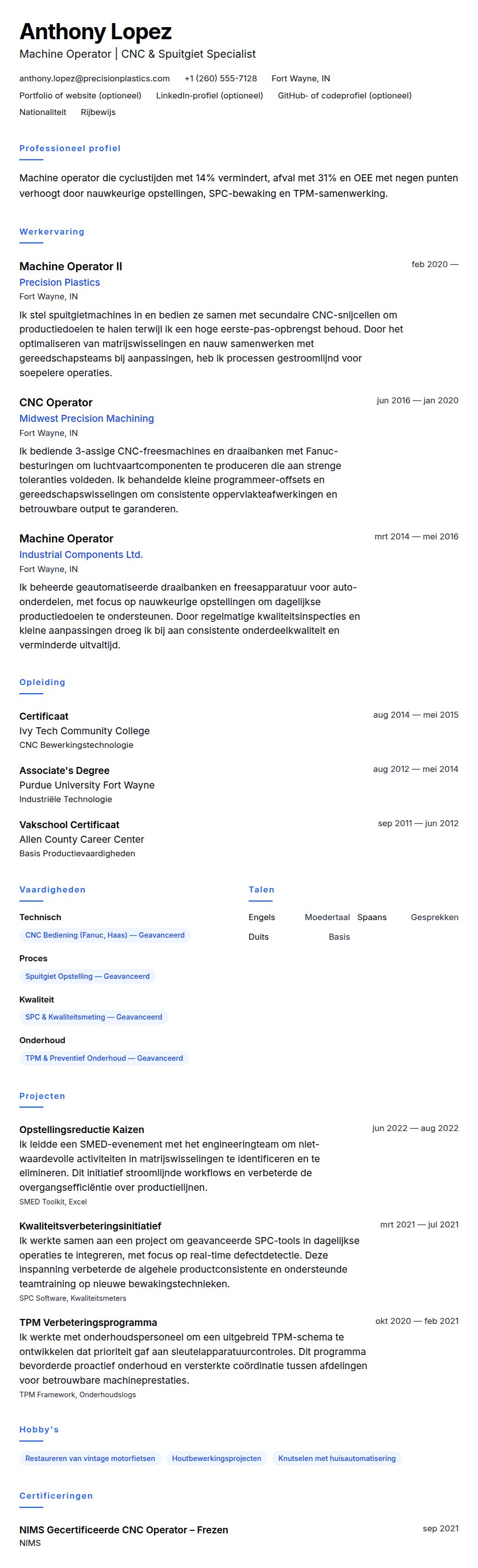 Cv-voorvertoning voor Voorbeeld cv Machine Operator