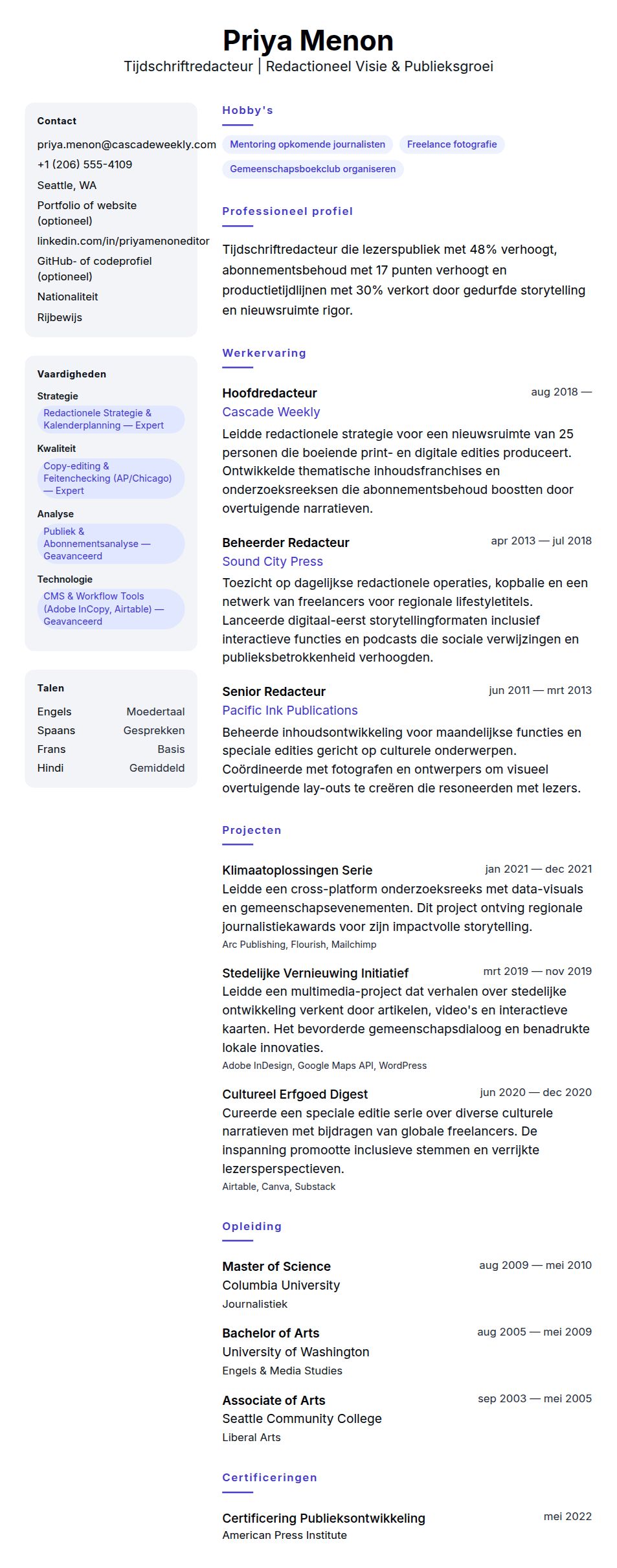 Cv-voorvertoning voor Voorbeeld cv Tijdschriftredacteur