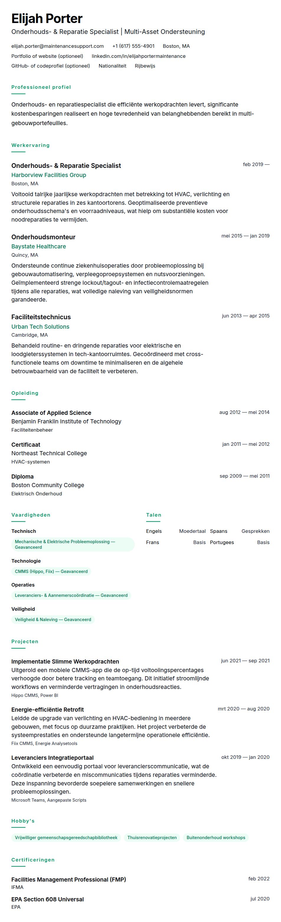 Cv-voorvertoning voor Onderhoud & Reparatie CV Voorbeeld