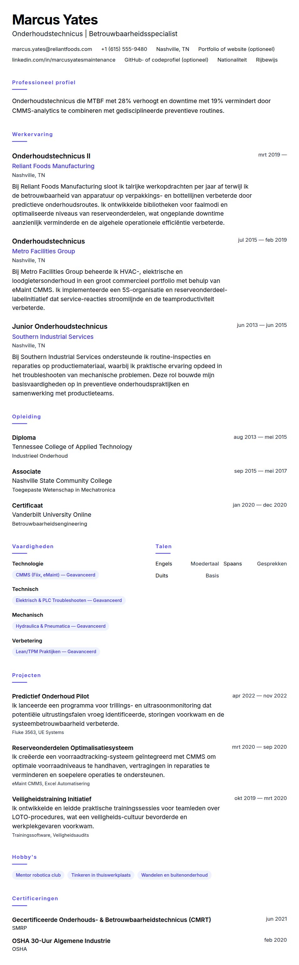 Cv-voorvertoning voor Voorbeeld CV Onderhoudstechnicus