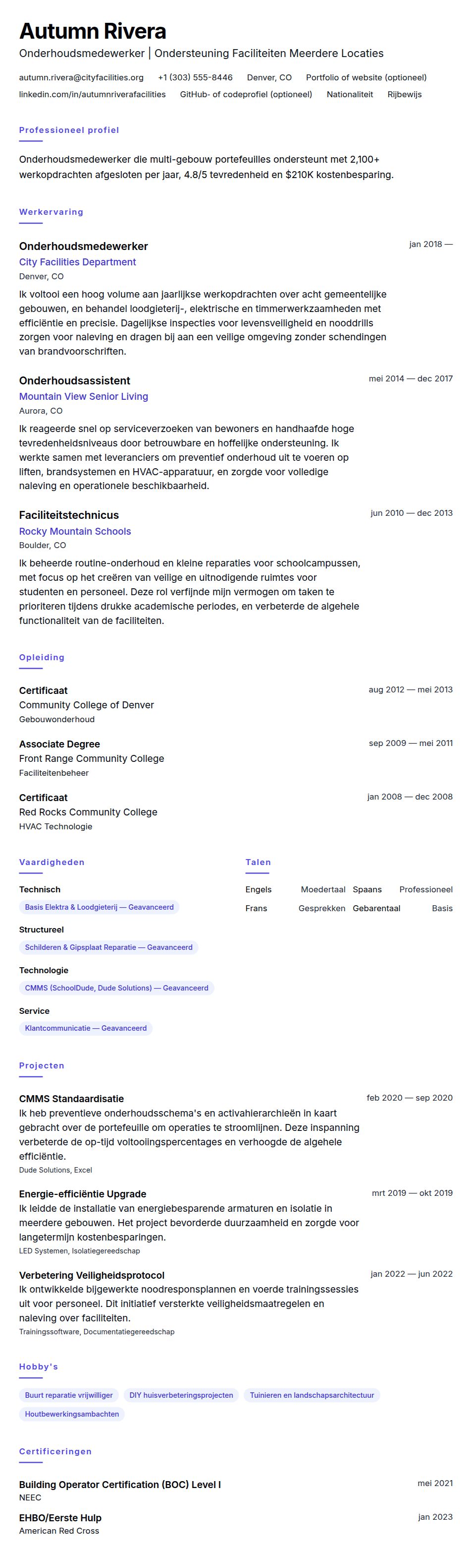 Voorbeeld CV Onderhoudsmedewerker
