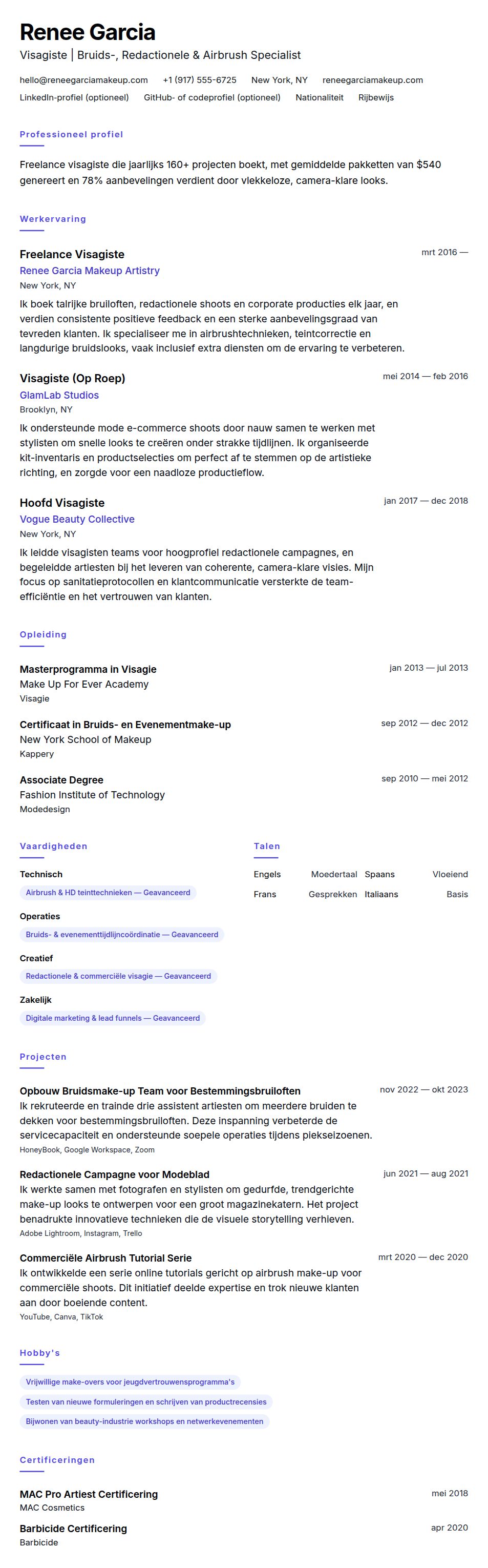 Cv-voorvertoning voor Visagiste CV Voorbeeld