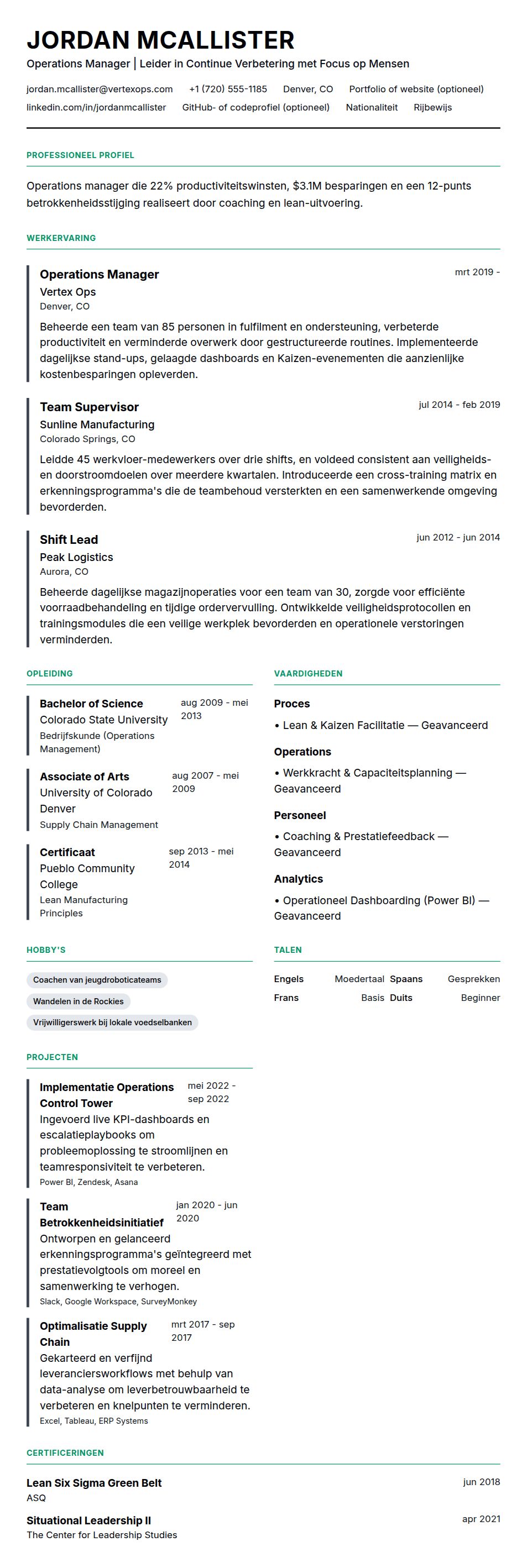 Cv-voorvertoning voor Voorbeeld cv Operations Manager