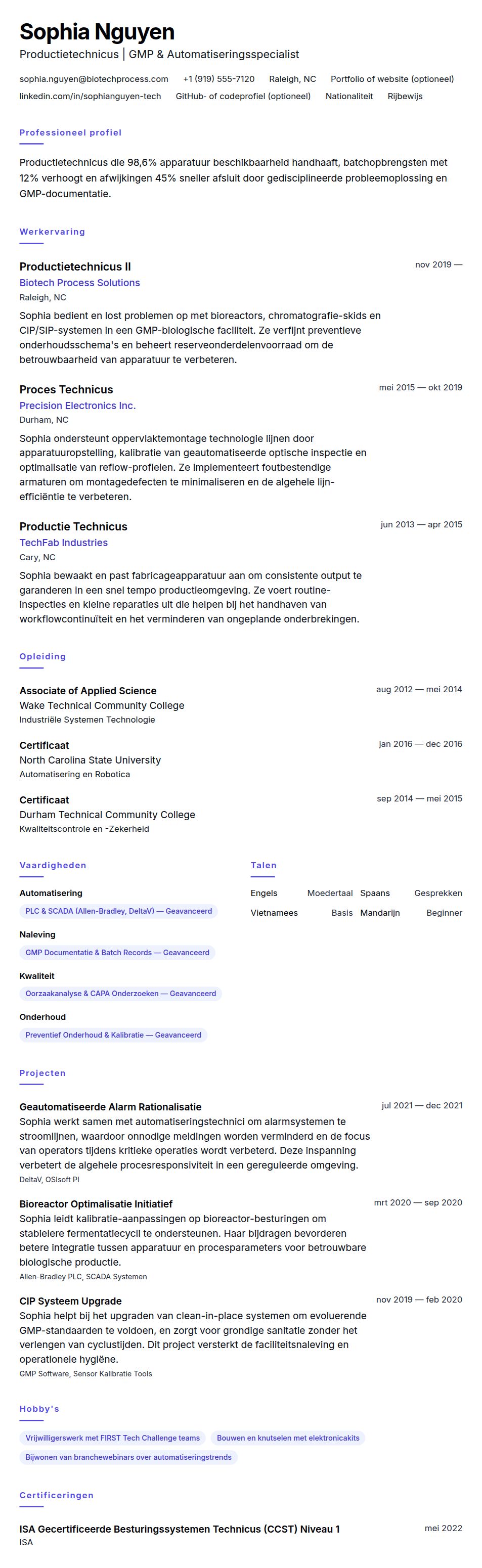 Voorbeeld CV Productietechnicus