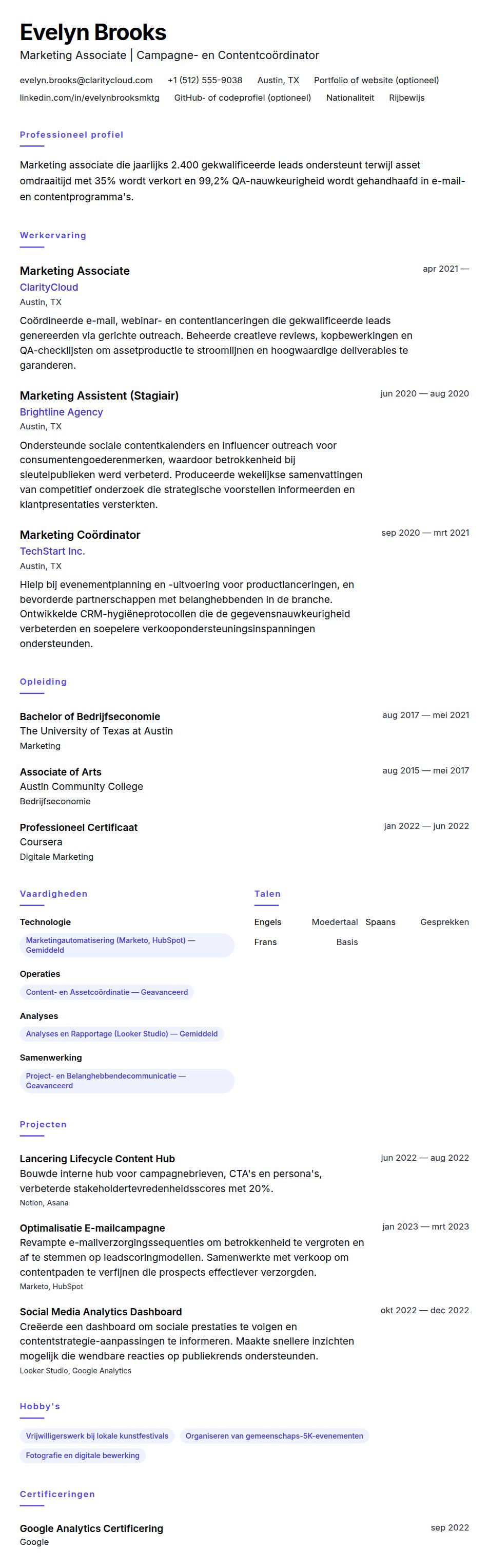 Voorbeeld cv Marketing Associate