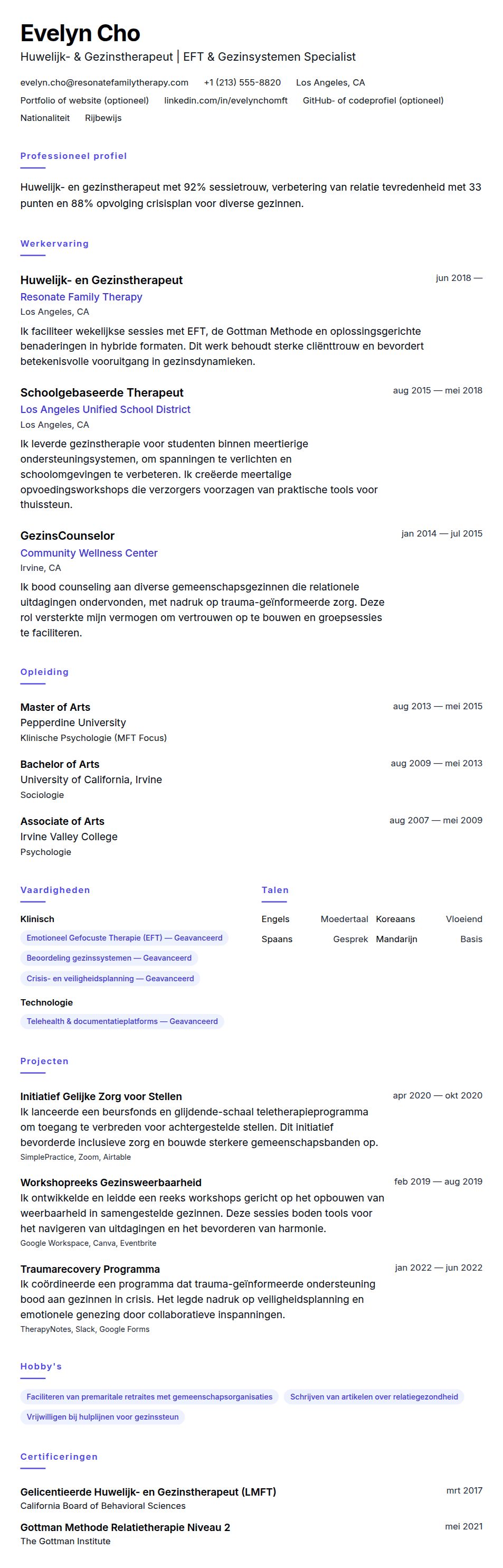 Cv-voorvertoning voor Voorbeeld CV Huwelijk- en Gezinstherapeut