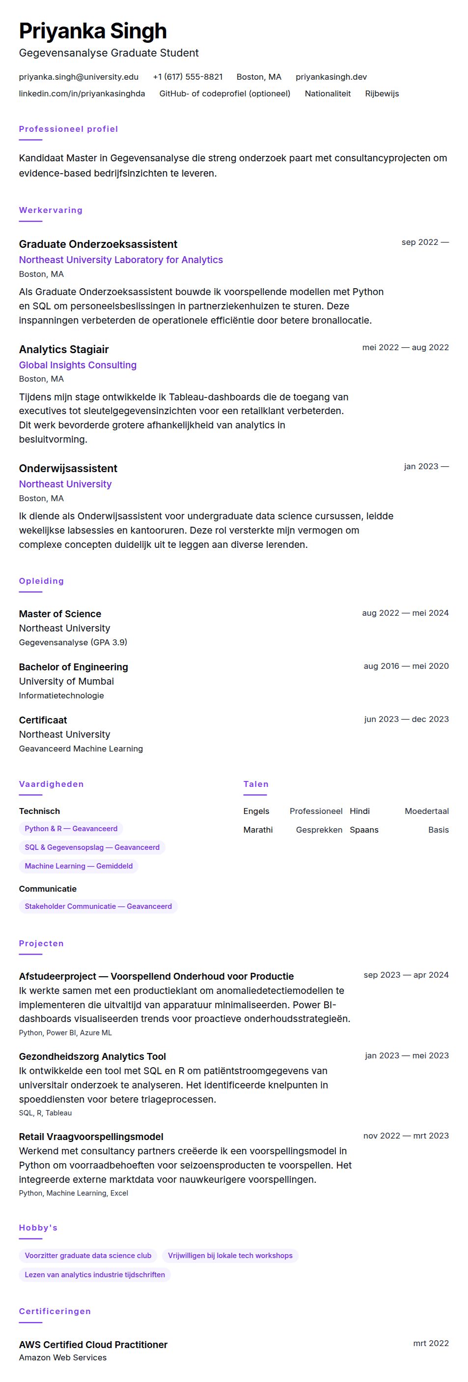 Cv-voorvertoning voor Voorbeeld cv masterstudent