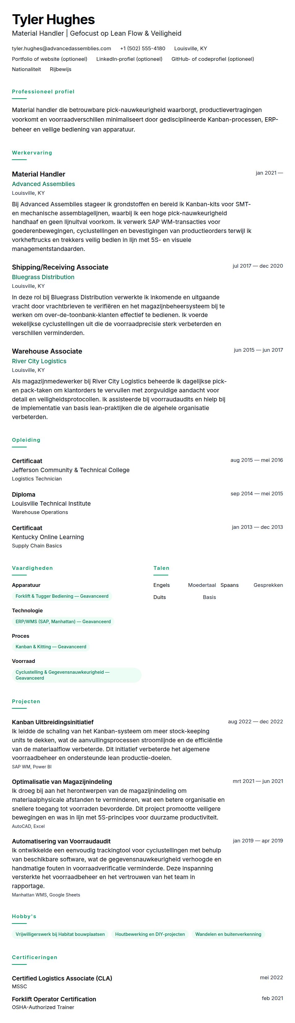 Voorbeeld van een cv voor Material Handler