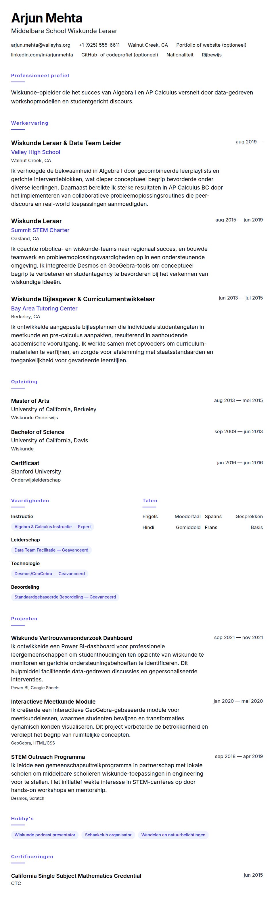 Cv-voorvertoning voor Wiskunde Leraar CV Voorbeeld