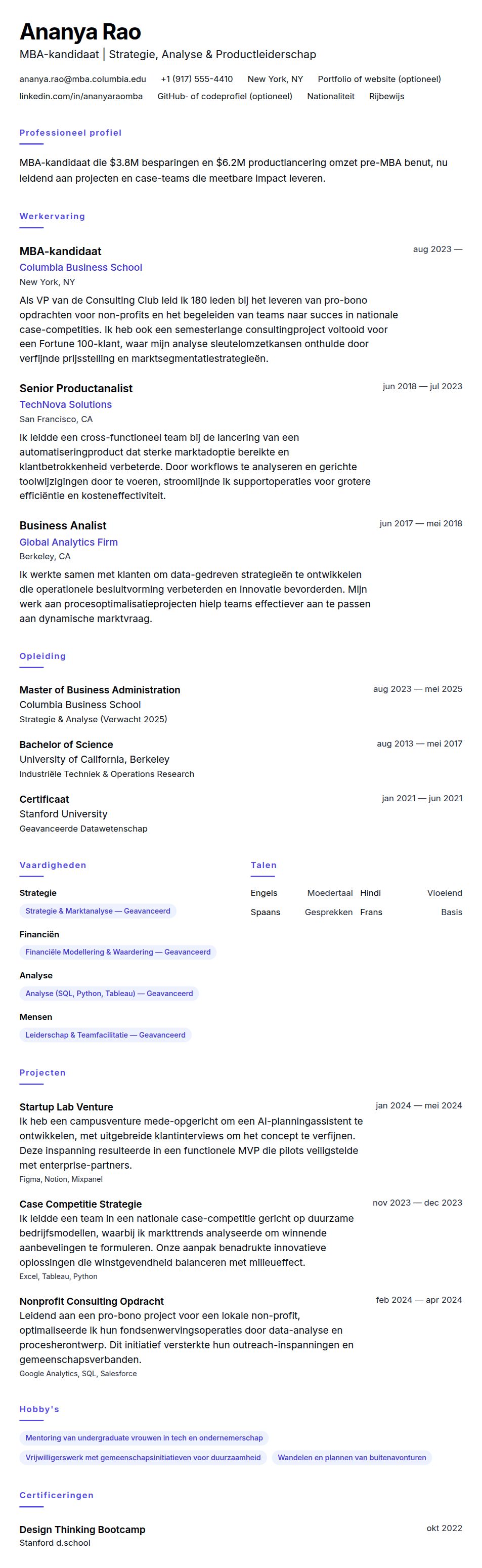 Cv-voorvertoning voor Voorbeeld CV MBA-kandidaat
