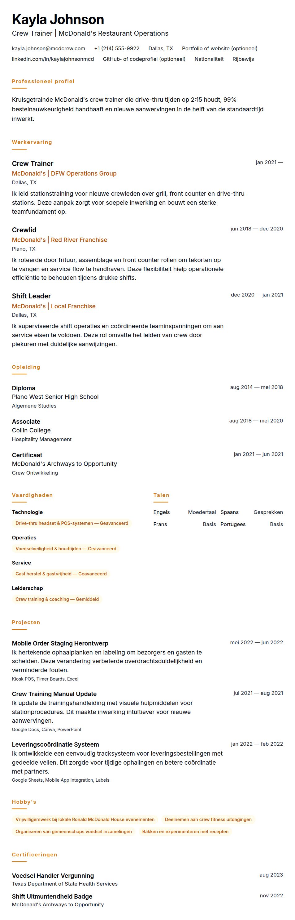 Cv-voorvertoning voor Voorbeeld CV McDonald's Crewlid