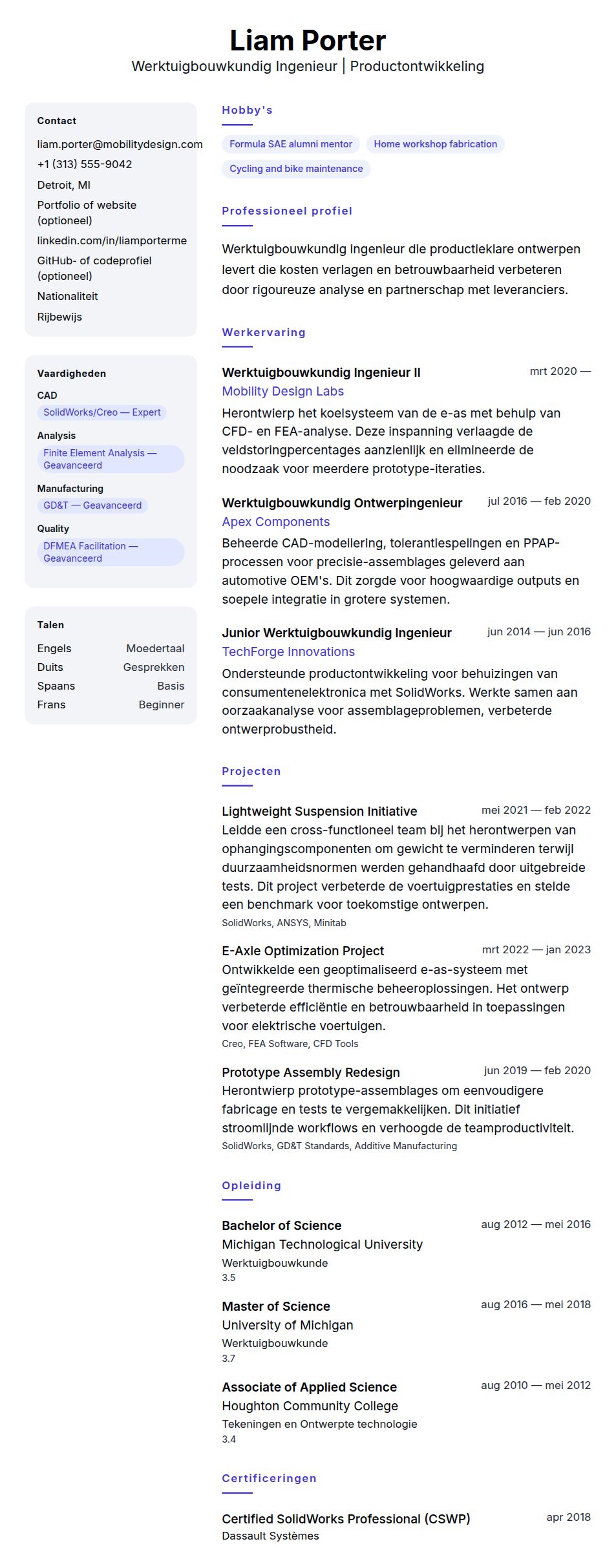 Voorbeeld CV Werktuigbouwkundig Ingenieur