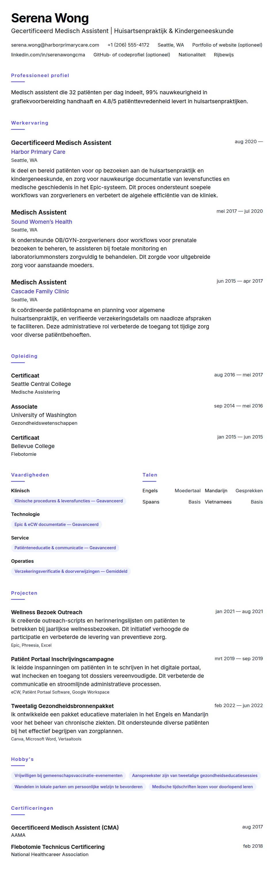 Cv-voorvertoning voor Medisch Assistent CV Voorbeeld