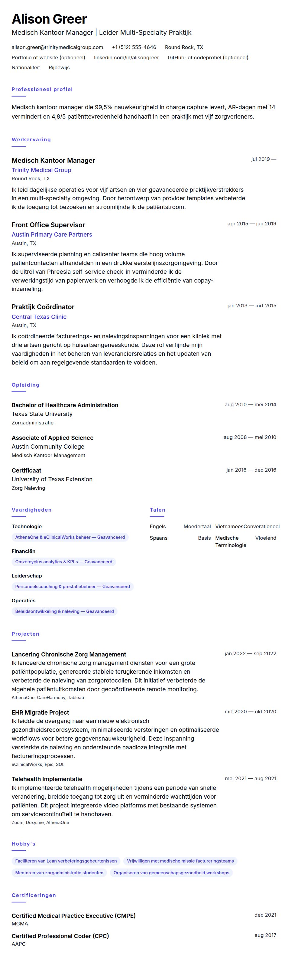 Cv-voorvertoning voor Medisch Kantoor Manager CV Voorbeeld
