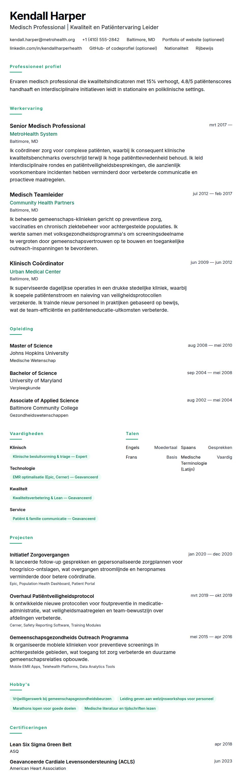 Cv-voorvertoning voor Medisch Professional CV Voorbeeld