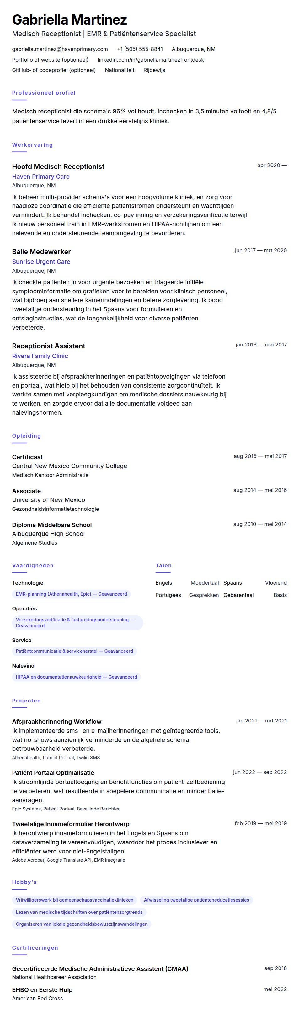 Cv-voorvertoning voor Medisch Receptionist CV Voorbeeld