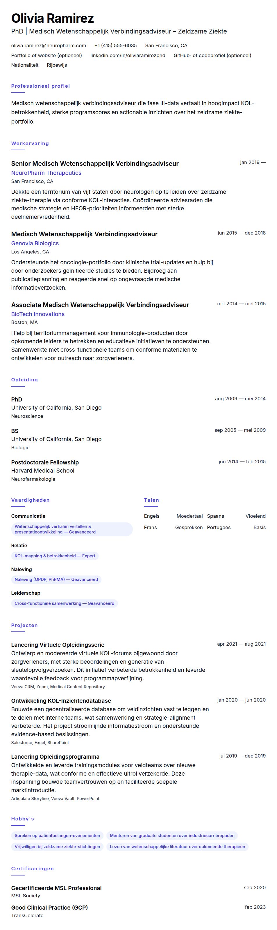 Cv-voorvertoning voor Voorbeeld CV Medisch Wetenschappelijk Verbindingsadviseur