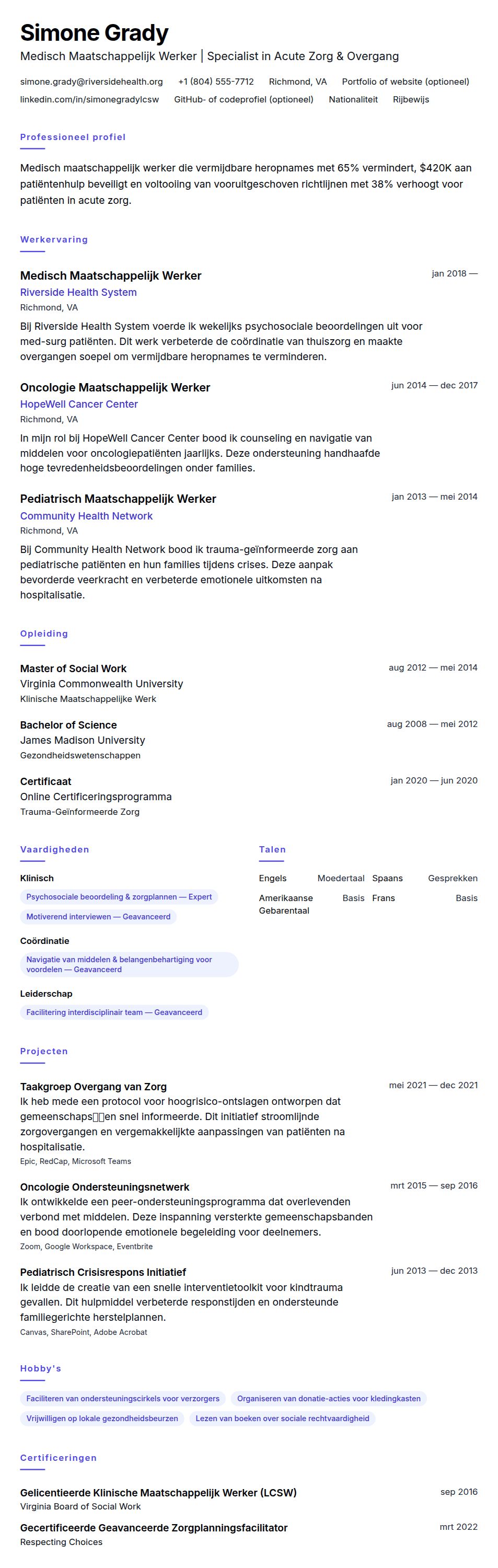 Cv-voorvertoning voor Medisch Maatschappelijk Werker CV Voorbeeld