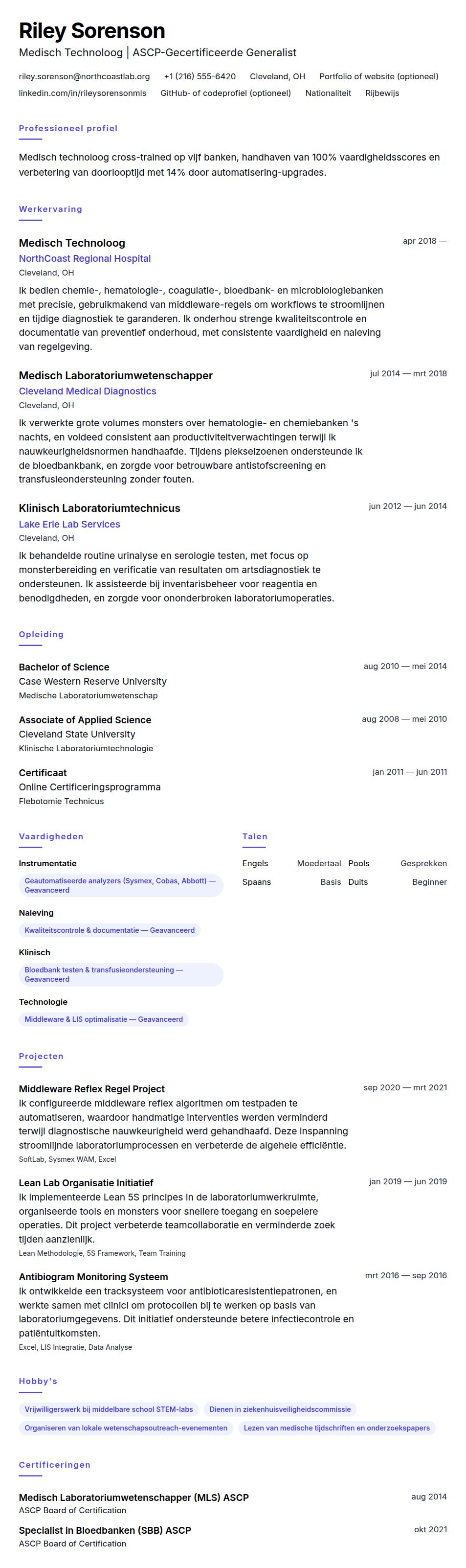 Cv-voorvertoning voor Medisch Technoloog CV Voorbeeld