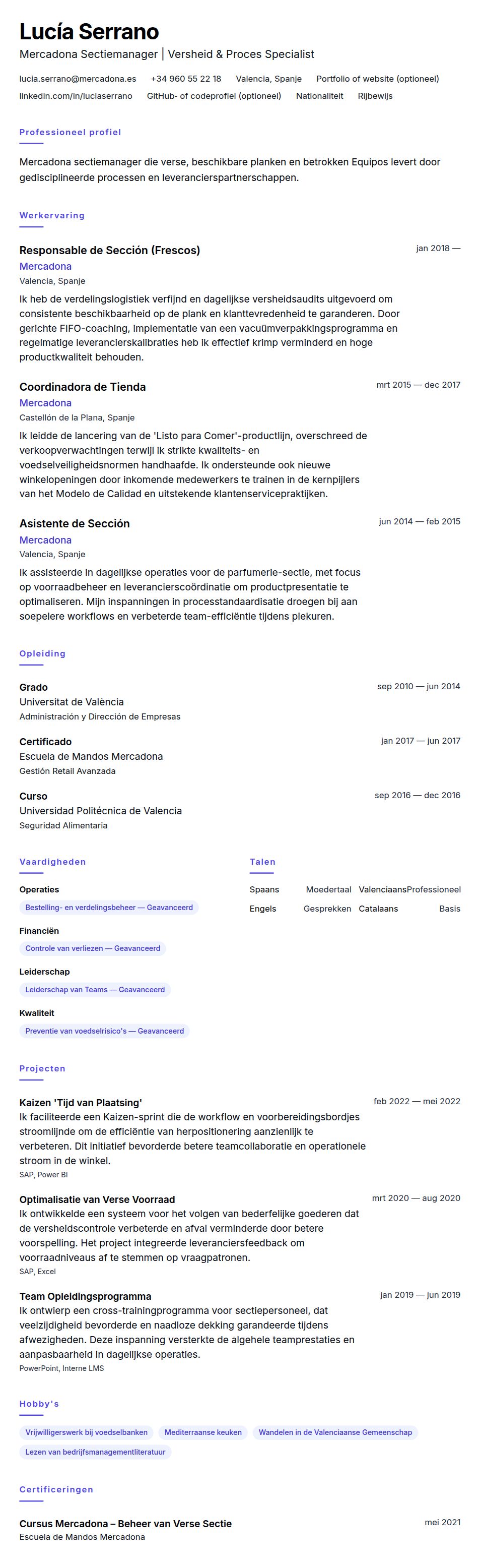 Cv-voorvertoning voor Voorbeeld CV Sectiemanager Mercadona