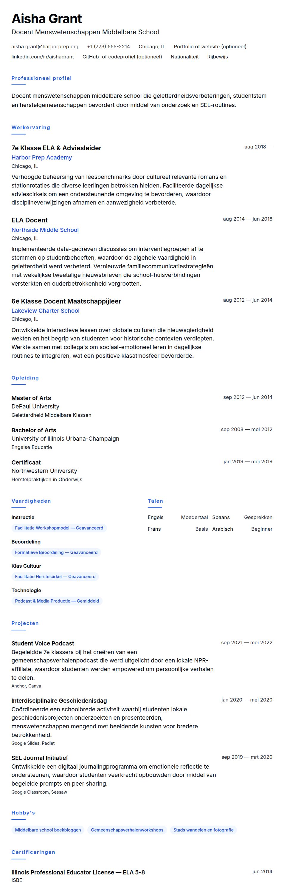 Cv-voorvertoning voor Voorbeeld CV Docent Middelbare School