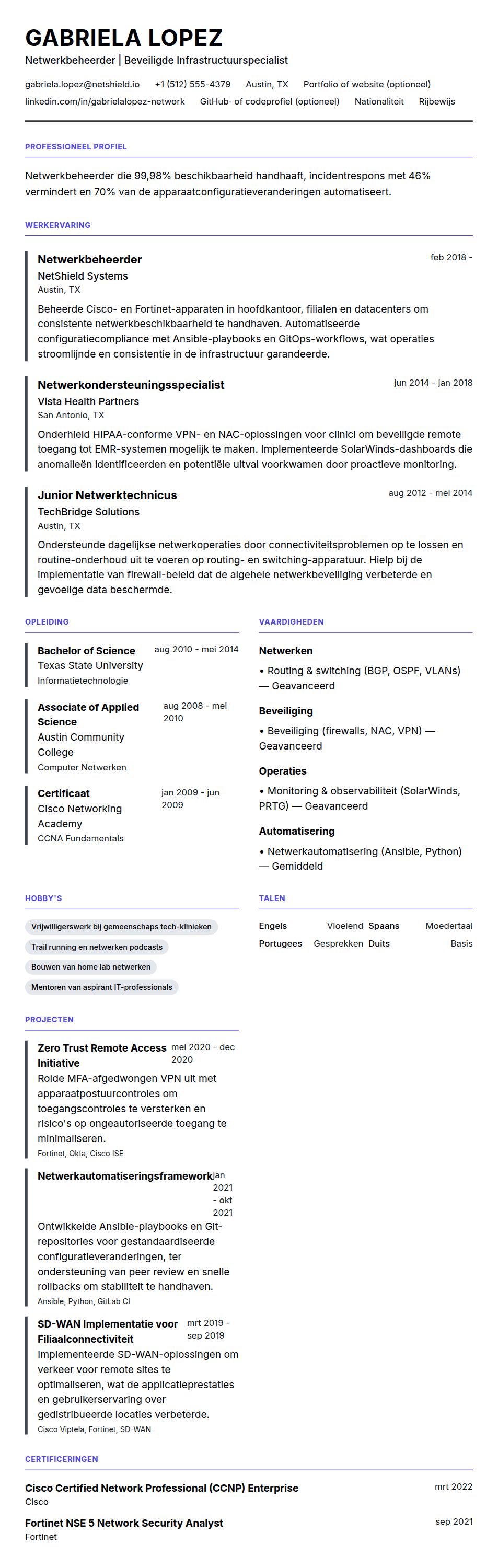 Cv-voorvertoning voor Netwerkbeheerder CV-voorbeeld