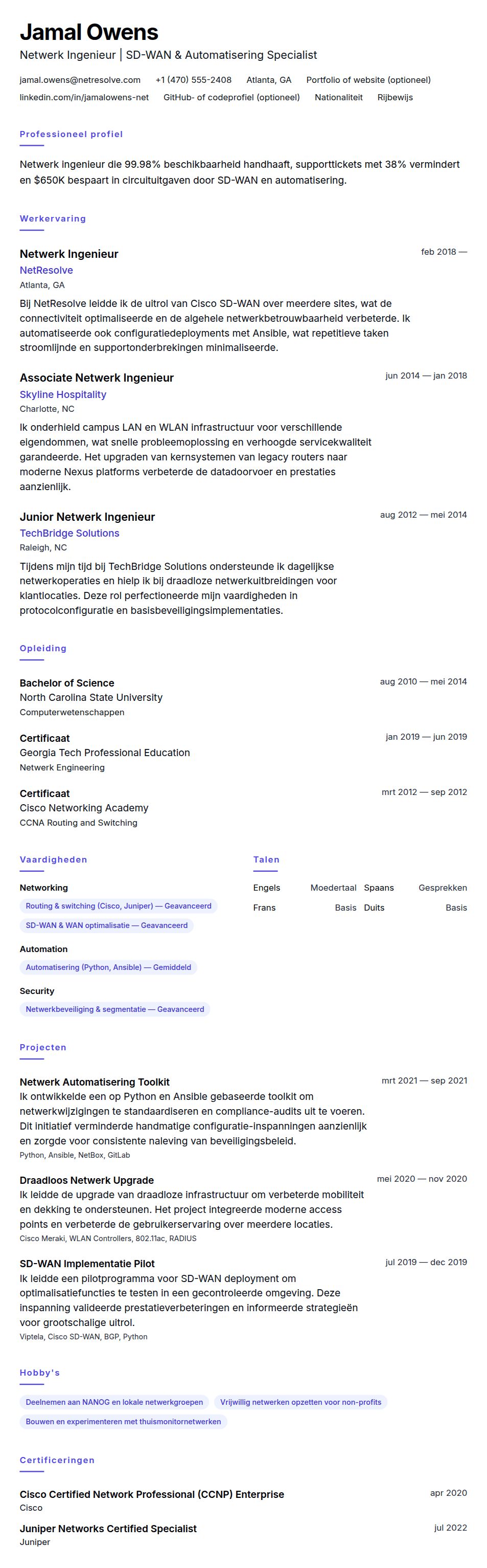 Cv-voorvertoning voor Netwerk Ingenieur CV Voorbeeld