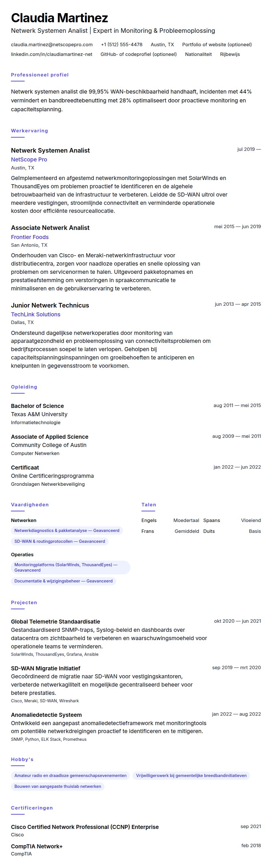 Cv-voorvertoning voor Voorbeeld CV Netwerk Systemen Analist